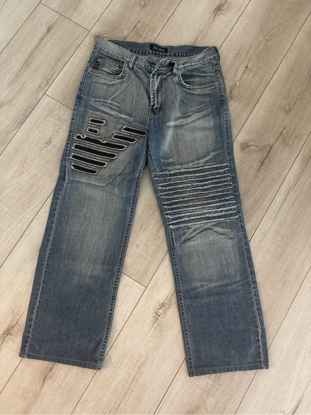 Armani Jeans Men's Washed Blue Straight Jeans with Ribbed Distress